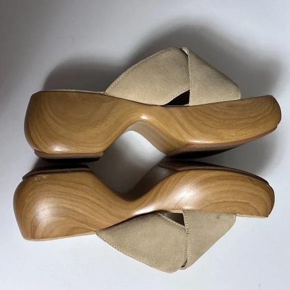 Zara Sandals 38 Beige Sand Nude Suede Platform Clog Shoes Faux Wood Chunky Heels - Picture 7 of 14